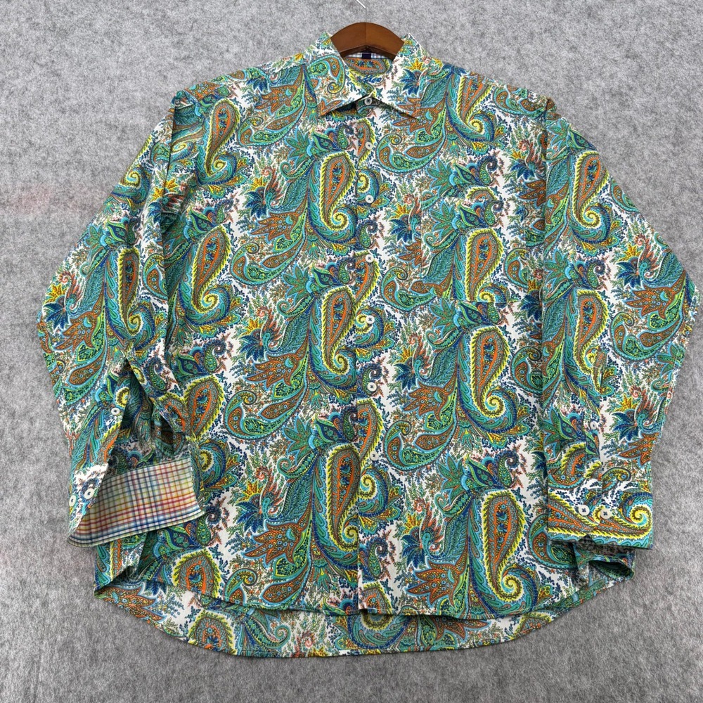 Alan Flusser Mens Large Paisley Cotton Button Down Shirt Multi Color Long Sleeve